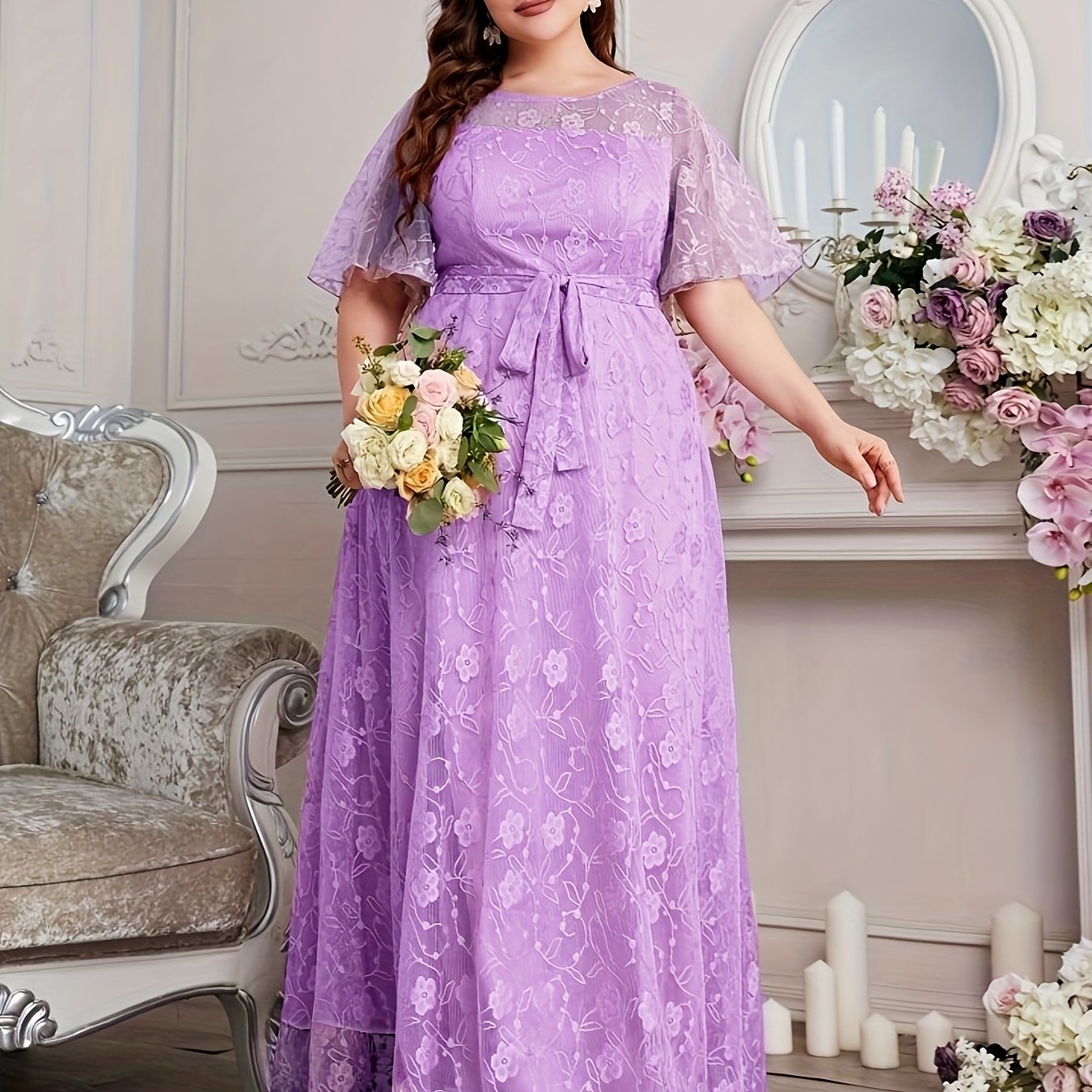 Elegant High Waist Lace Round Neck Half Flutter Sleeve Solid Color Formal Floor Length Dress