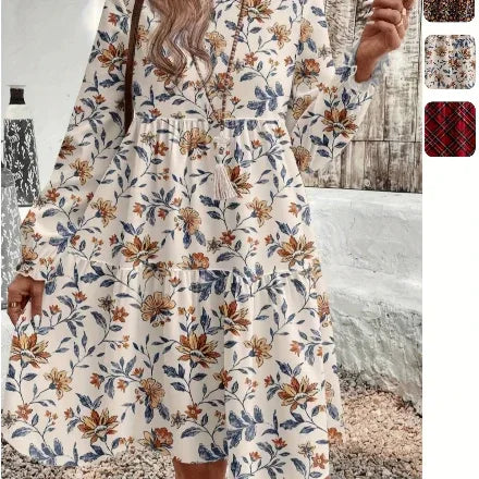 Round Neck Long Sleeve Tiered Empire Dress White Bazaare Mart Round Neck Long Sleeve Tiered Empire Dress