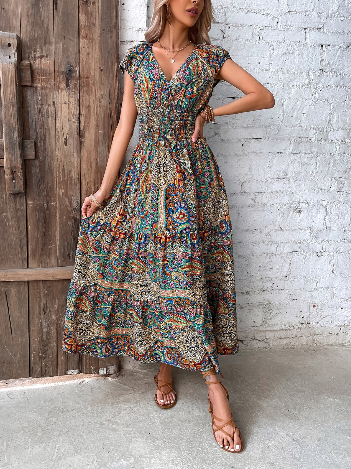 Smocked Printed Cap Sleeve V-Neck Midi Dress