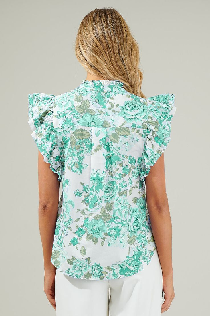 Floral Print Flutter Sleeve Frill Blouse Shewin Blouses