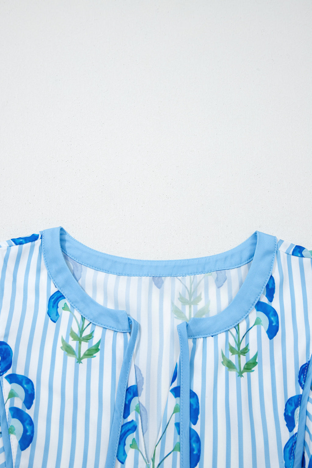Sky Blue Floral Striped Print Tie Notched Neck Puff Sleeve Flared Mini Dress Dear-Lover Dropshipping Dresses/Floral Dresses