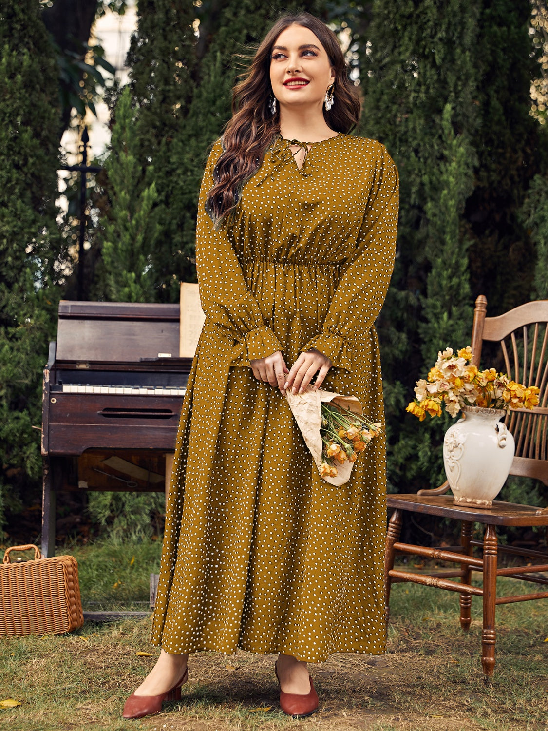 Gold Ruffled Polka Dot Long Sleeve Midi Dress