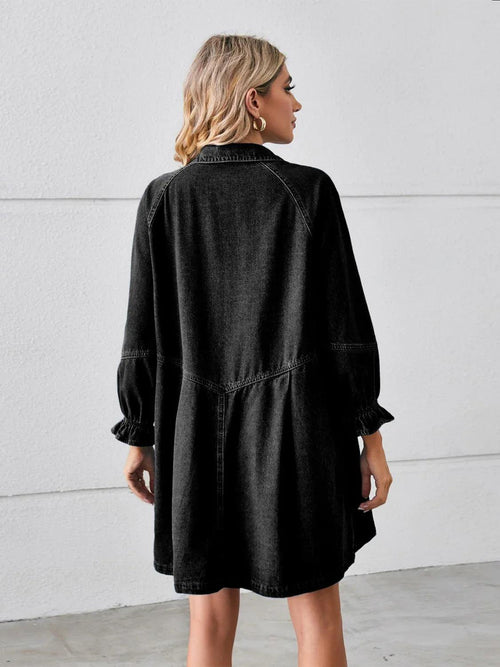 Button Up Flounce Long Sleeve Denim Dress Bazaare Mart Button Up Flounce Sleeve Mini Denim Dress