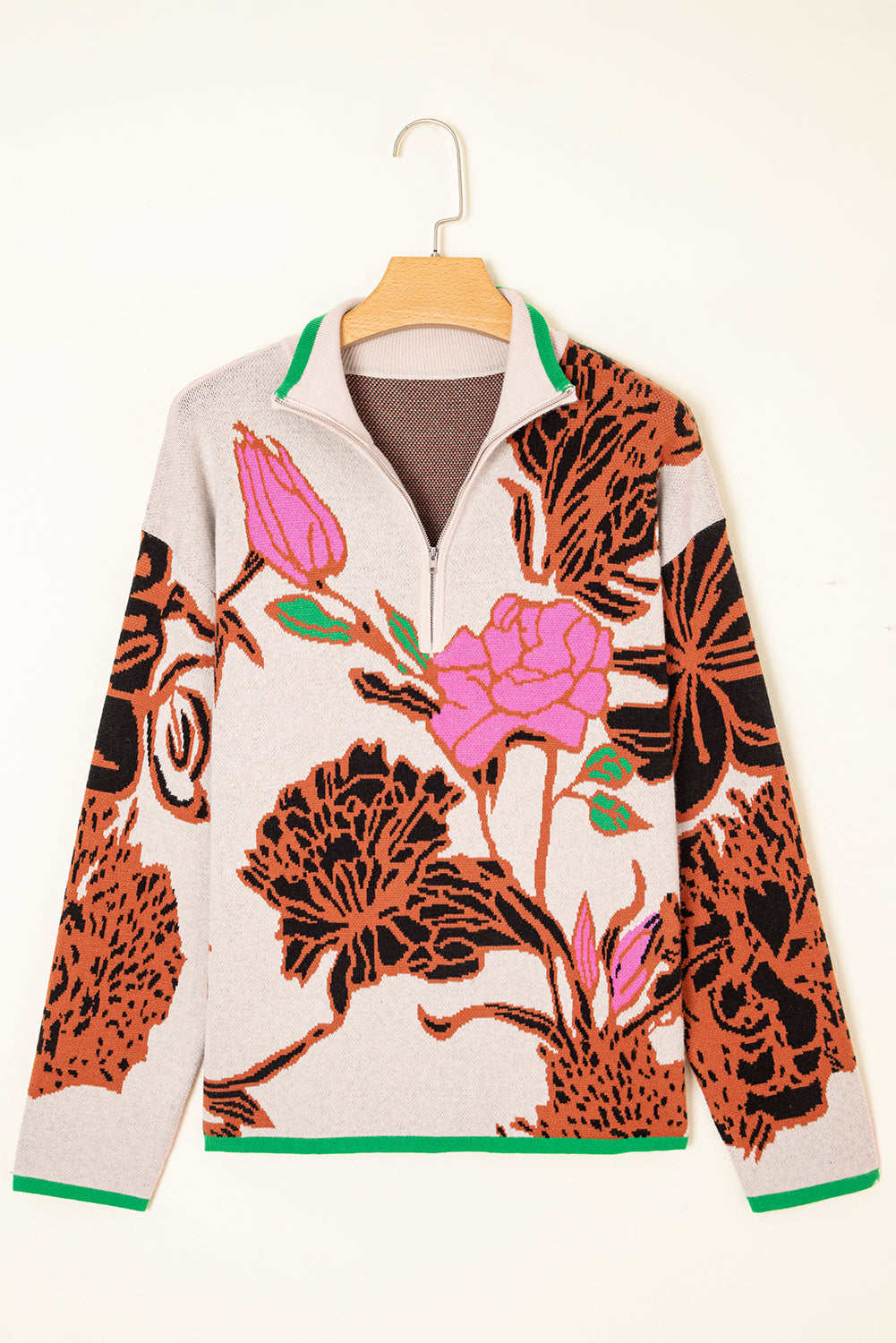 Khaki Floral Pattern Knit Quarter Zip Stand Neck Sweater