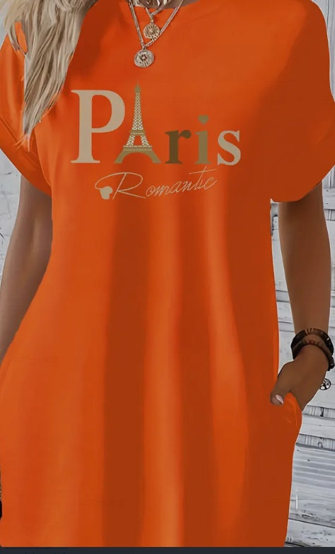 Paris Print Midi Tunic Dress – Casual Geometric Pocket Dress for Women OrangeRed CJ Dropshipping Paris Sleep Dress