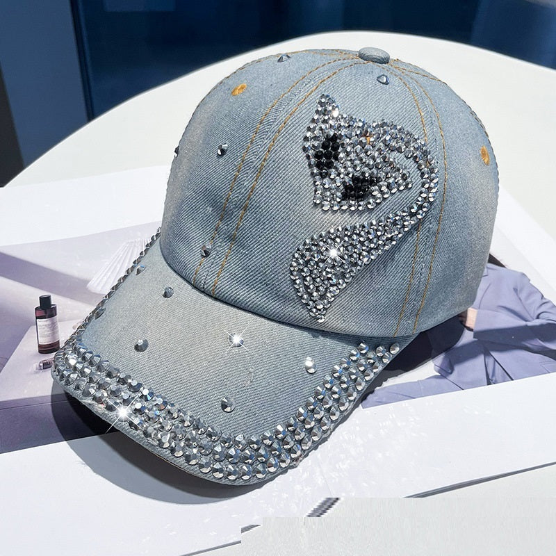 Distressed Light Blue Denim Rhinestone Fox Baseball Cap 