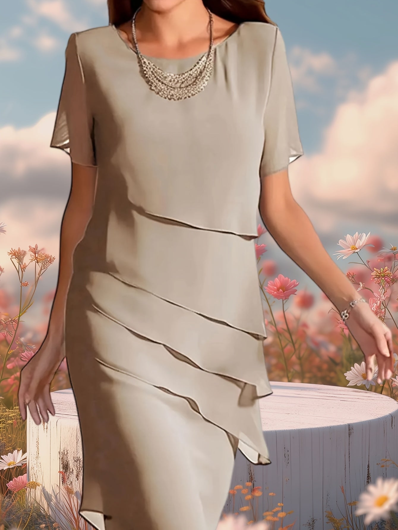 Short Sleeve Layered Slim Fit Chiffon Dress