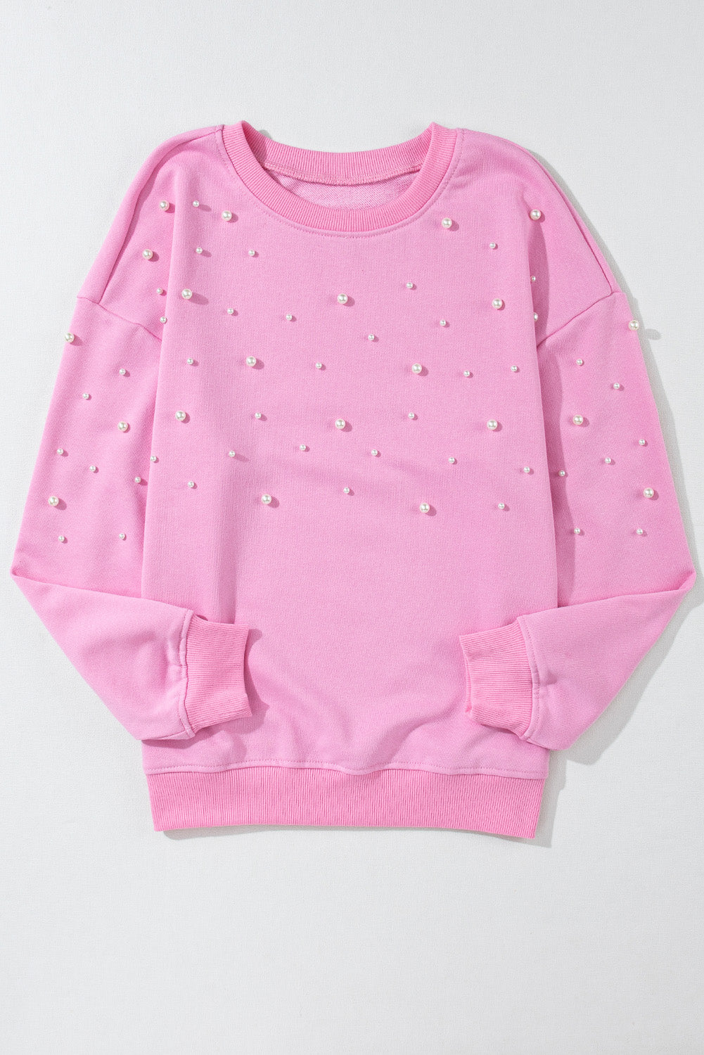 Pink Bonbon Pearl Detail Ribbed Crew Neck Sweatshirt
