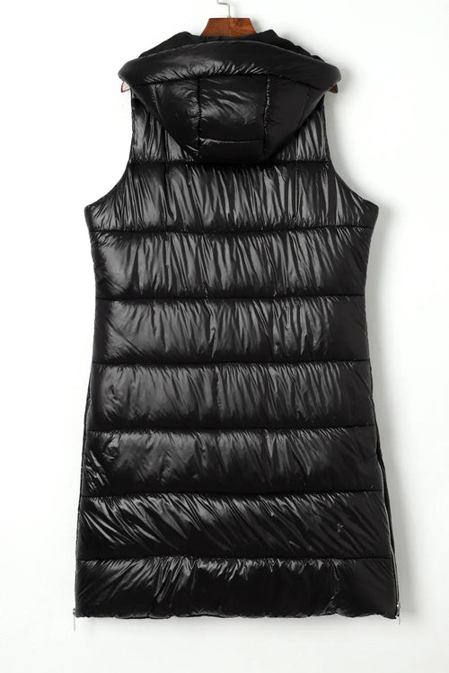Black Hooded Long Quilted Vest Coat Bazaare Mart Outerwear