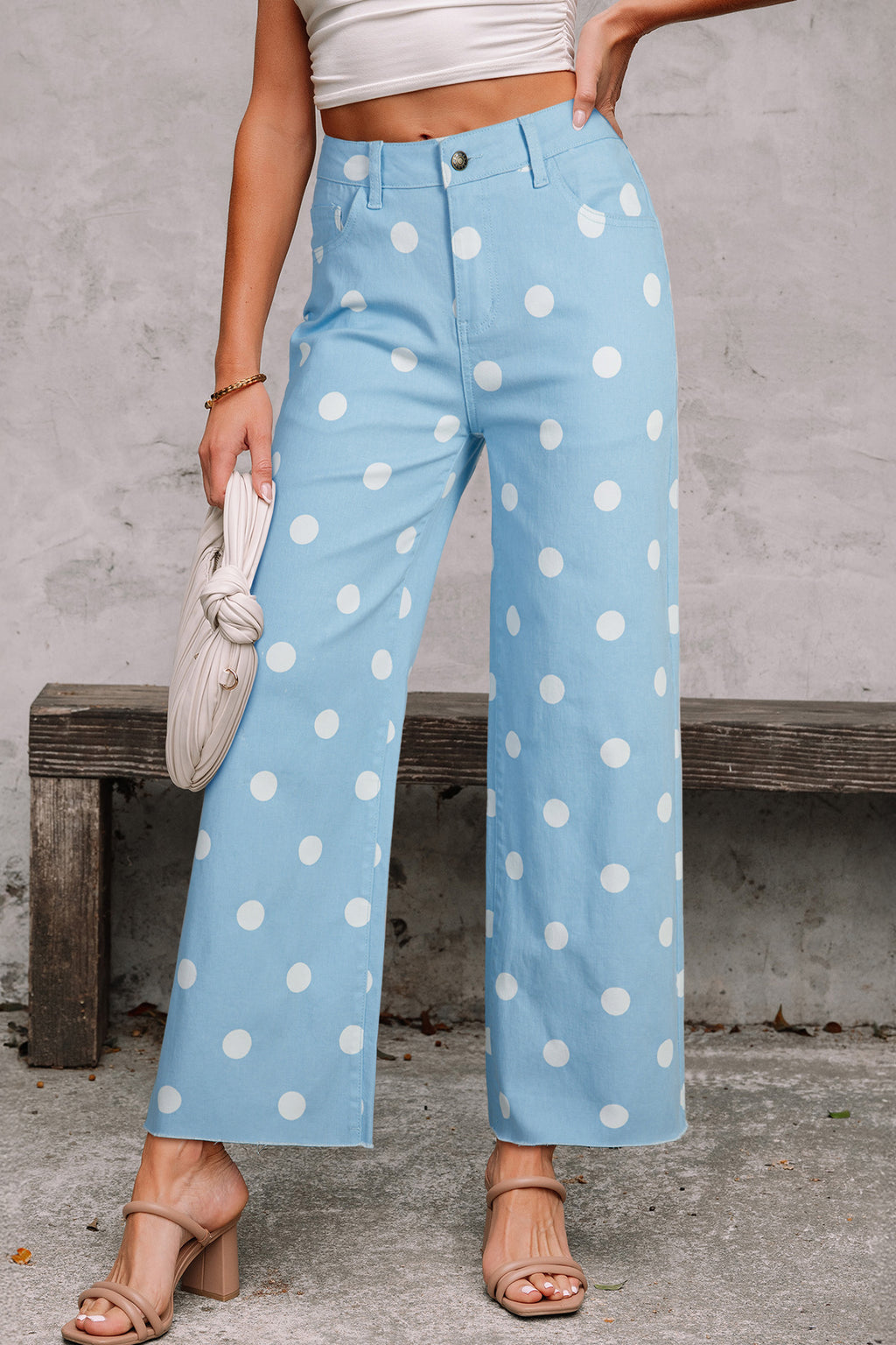Sky Blue Polka Dot Print Raw Hem Shift Jeans Sky Blue 98%Cotton+2%Elastane Dear-Lover Dropshipping Bottoms/Jeans