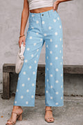 Sky Blue Polka Dot Print Raw Hem Shift Jeans Sky Blue 98%Cotton+2%Elastane Dear-Lover Dropshipping Bottoms/Jeans