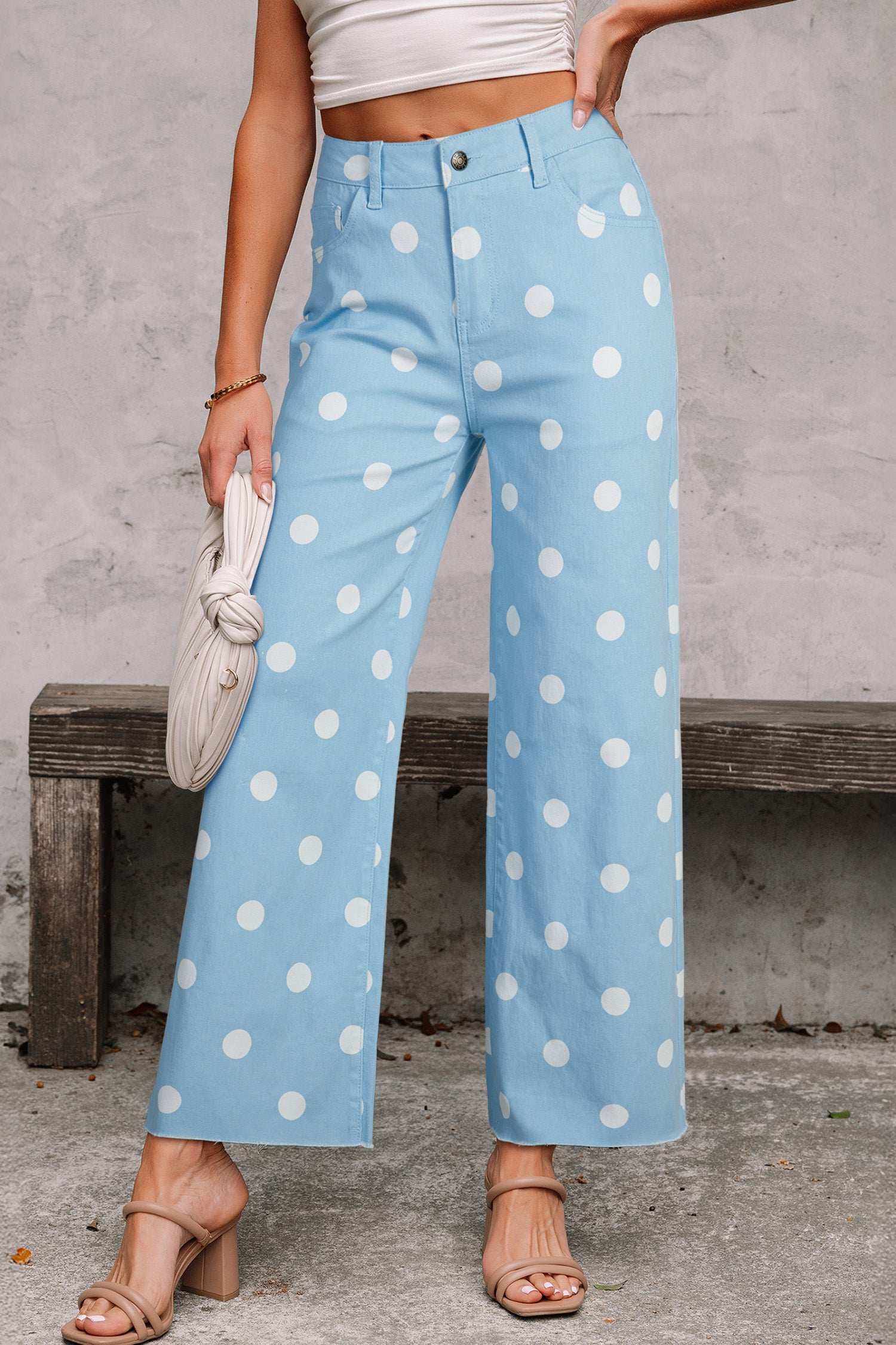 Sky Blue Polka Dot Print Raw Hem Shift Jeans Sky Blue 98%Cotton+2%Elastane Dear-Lover Dropshipping Bottoms/Jeans