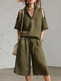 Women’s Cold Shoulder Half-Zip Top & Loose Gaucho Pants Set – Casual 2-Piece Outfit Plus Size Army Green CJ Dropshipping 2pc Cold Shoulder Camp Shirt and Gaucho