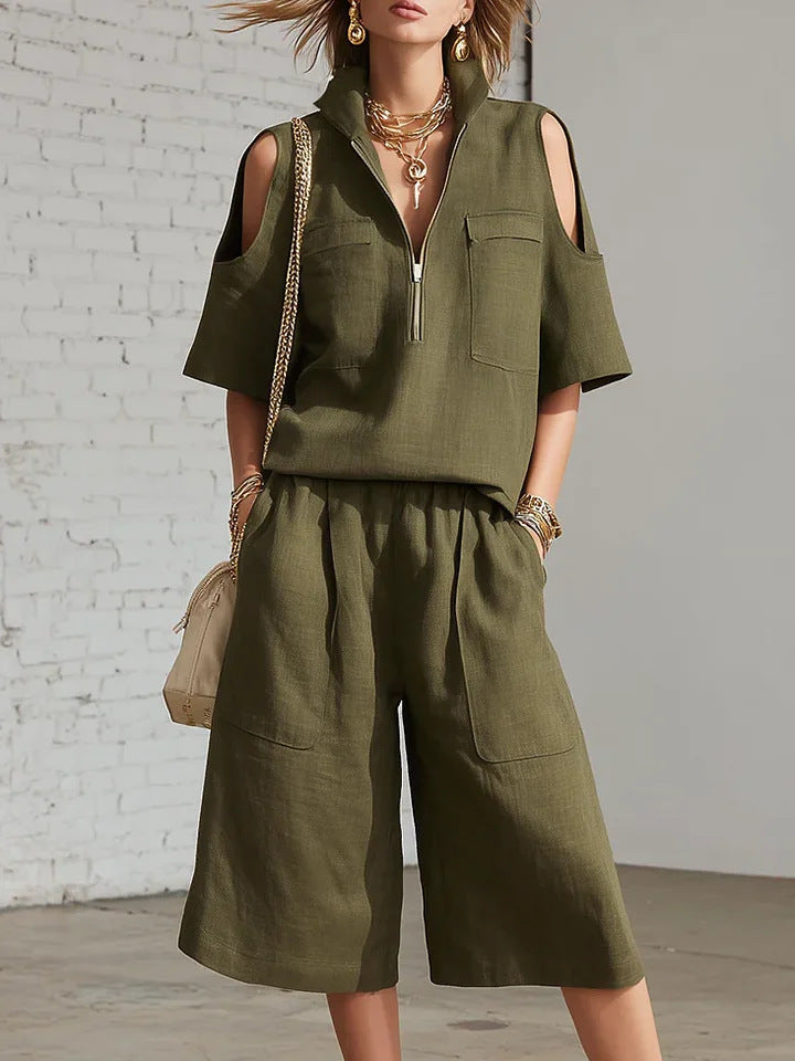 Women’s Cold Shoulder Half-Zip Top & Loose Gaucho Pants Set – Casual 2-Piece Outfit Plus Size Army Green CJ Dropshipping 2pc Cold Shoulder Camp Shirt and Gaucho