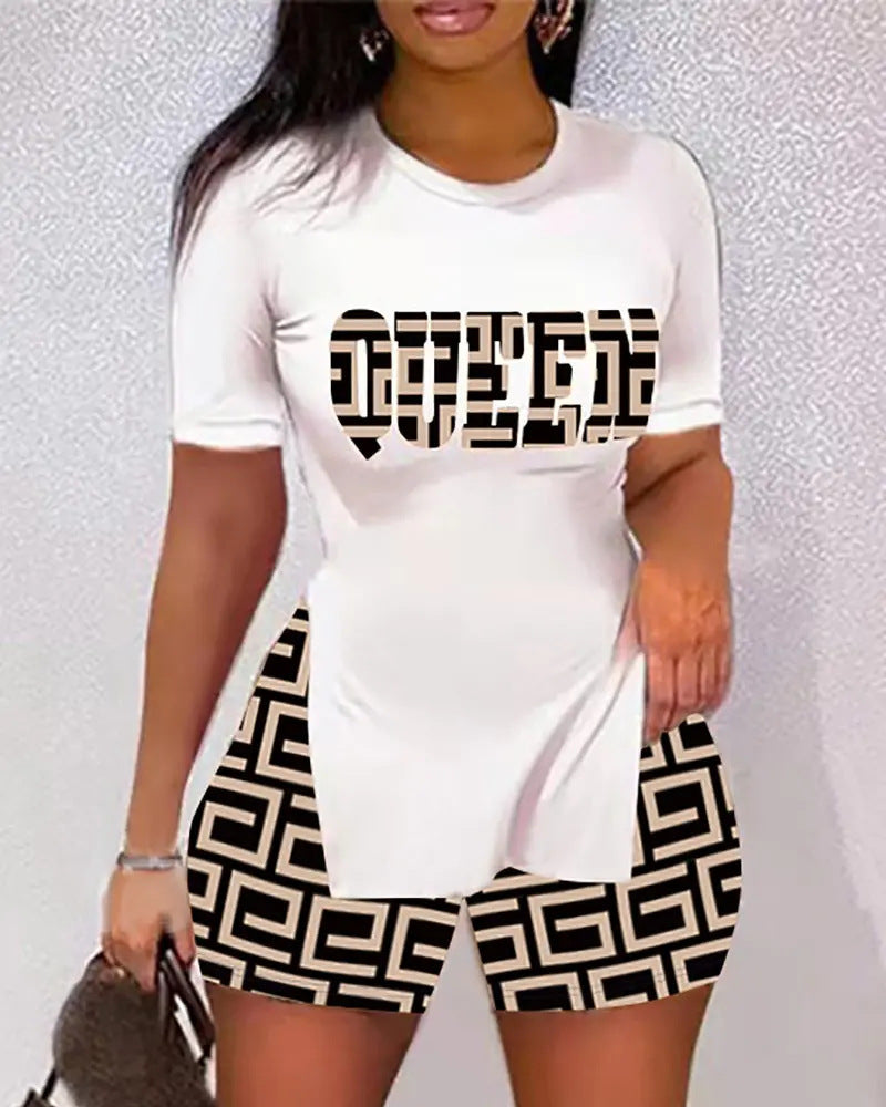 Women’s Printed Two-Piece Shorts Set – Trendy Split Sleeve Casual Matching Outfit Great Wall Plaid Print CJ Dropshipping Plus Size Shorts Sets