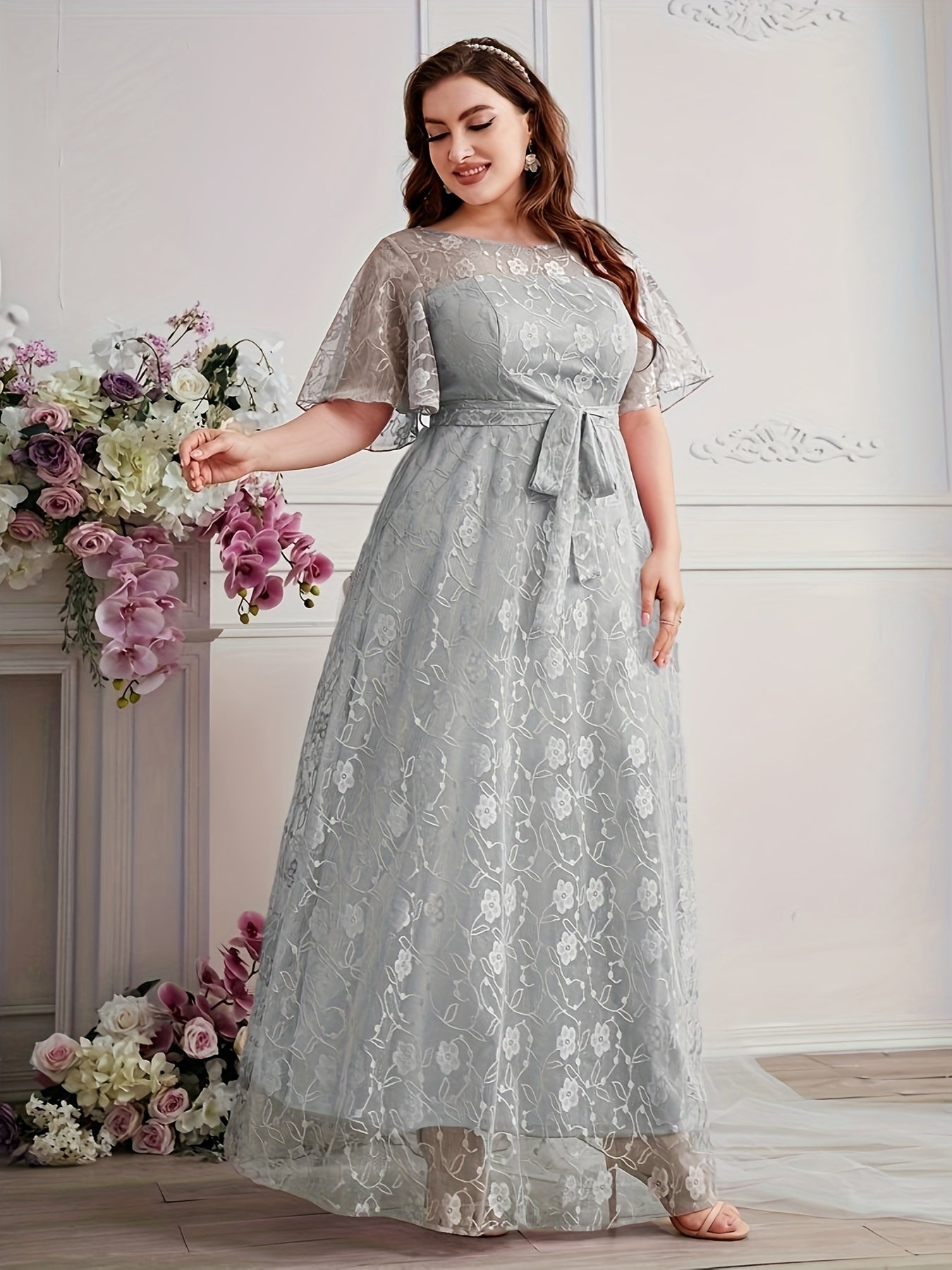 Elegant High Waist Lace Round Neck Half Flutter Sleeve Solid Color Formal Floor Length Dress