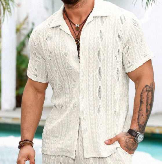 Men’s Lace Hollow Out Shirt – Sheer Short Sleeve Summer Cardigan | Loose Fit Breathable Fashion Shirt Apricot CJ Dropshipping Short Sleeve Shirt