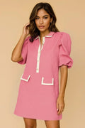 Oh Textured Half Button Puff Sleeve Dress Pink Bazarre Mart Long Sleeve Pink Retro Dress