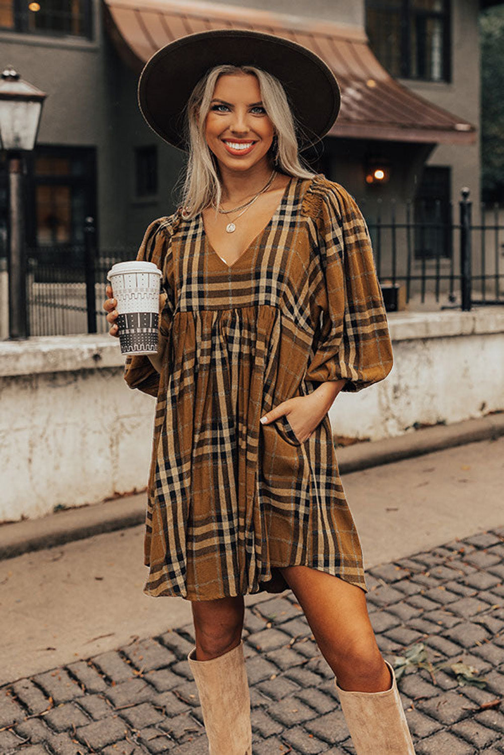 Brown Plaid Plus Size A Line Dress