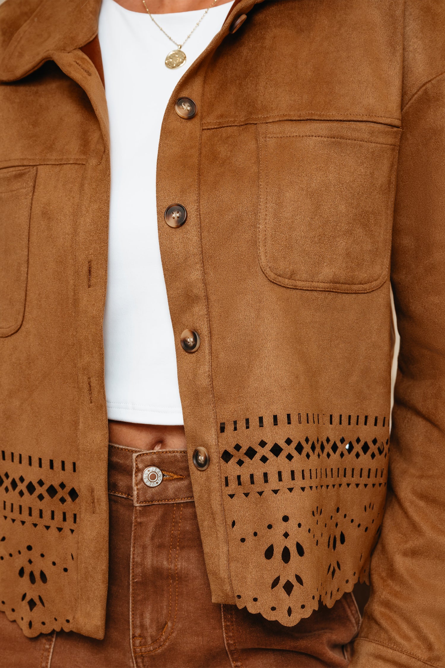 Brown Faux Suede Hollowed Detail Style Jacket Bazaare Mart Outerwear/Jackets