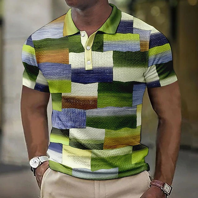 Men's Casual Short-Sleeve Plaid Polo Shirt Multi Patchwork CJ Dropshipping Striped Polo Shirt