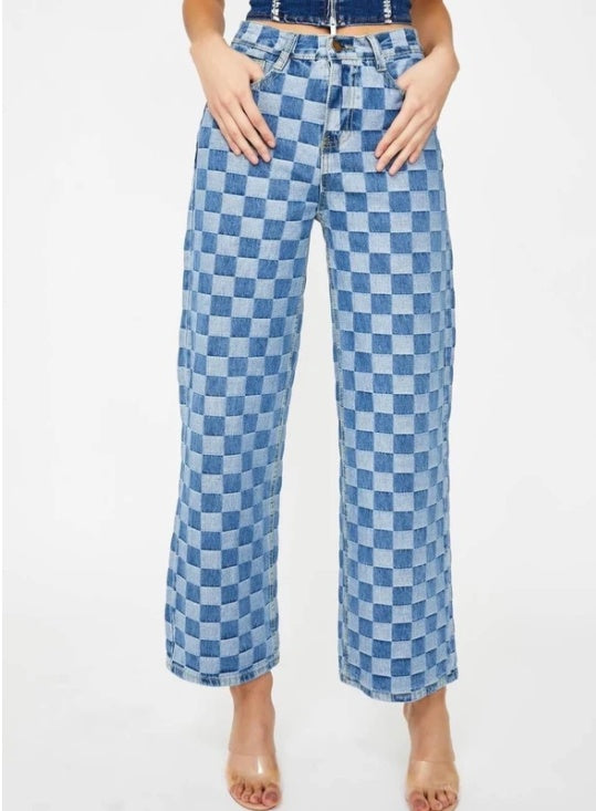 Women's Blue Checker Jeans
