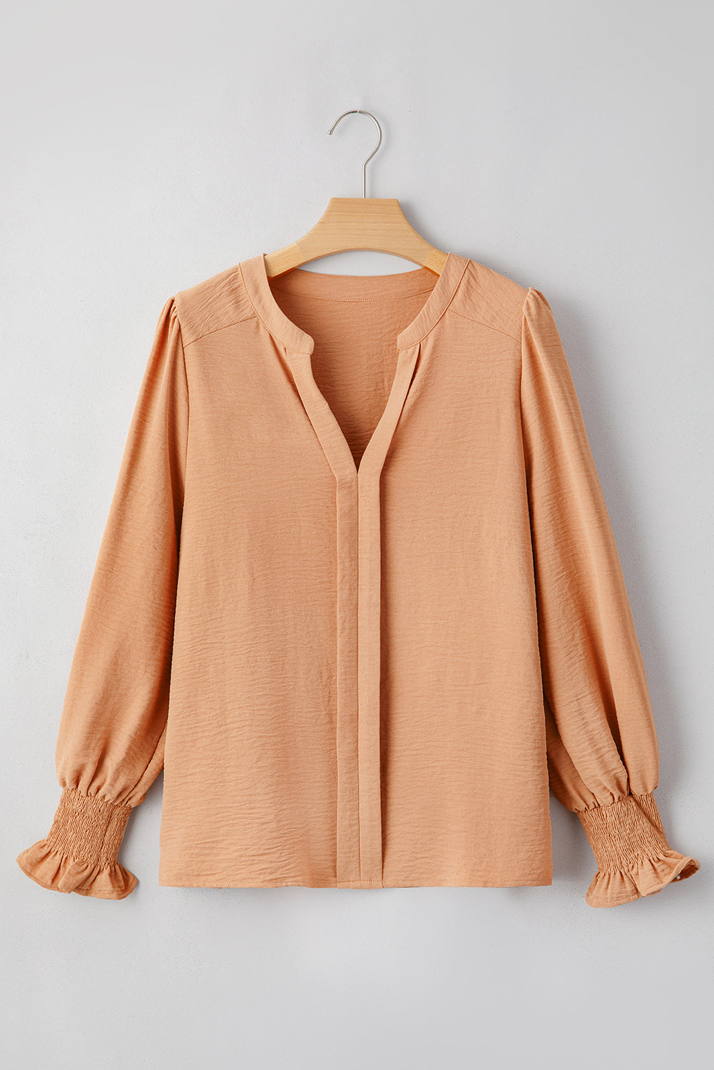 Khaki Long Sleeve Shirred Cuff V Neck Blouse