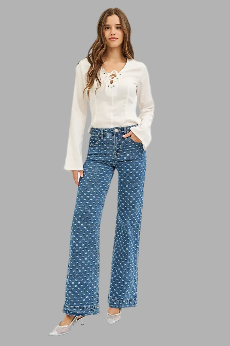 RISEN High Rise Wide Leg Bow Embroidered Jeans