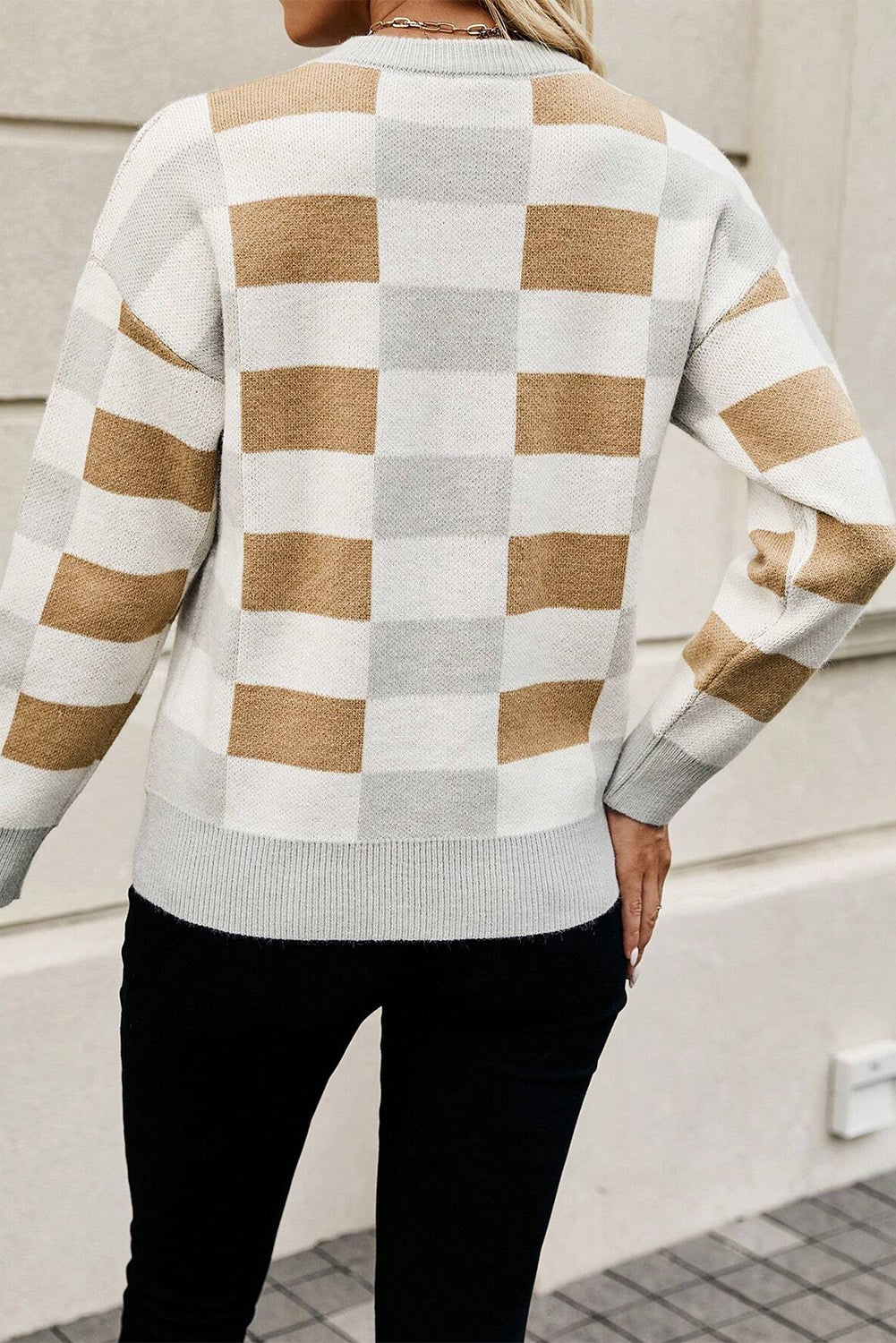 Khaki Checkered Ribbed Edge Drop Shoulder Pull Over Sweater