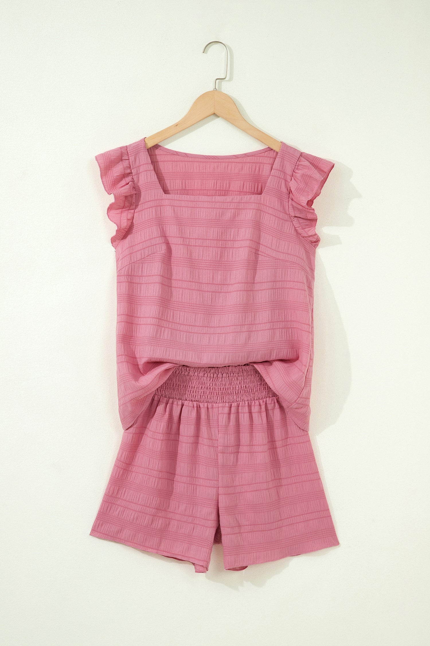 Textured Flutter Sleeve Shorts Set – Square Neck Top & Shirred High Waist Shorts Dear-Lover Dropshipping Two Piece Sets/Short Sets