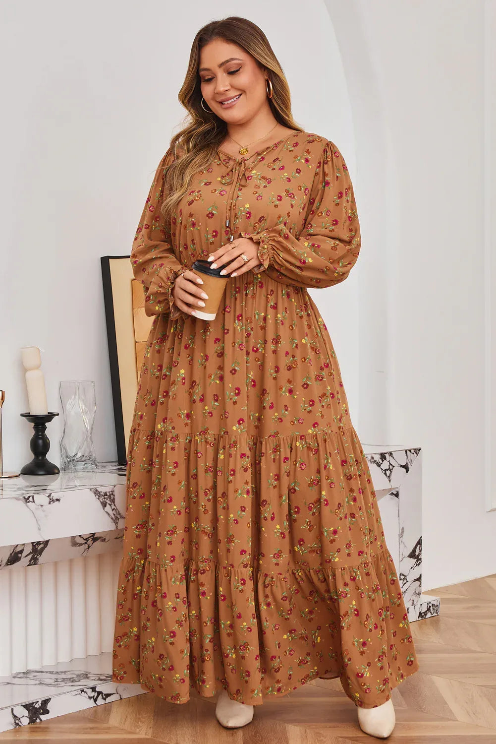Brown Floral Ruffled Sleeve Tiered Maxi Dress Bazaare Mart Plus Size/Plus Size Dresses/Plus Size Maxi Dresses