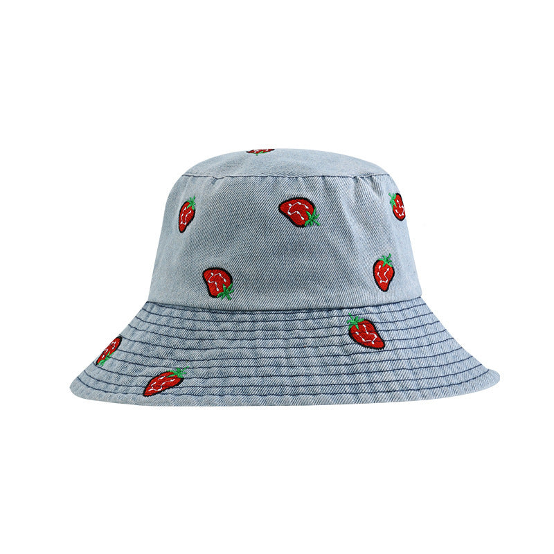 Strawberry Embroidered Denim Bucket Hat
