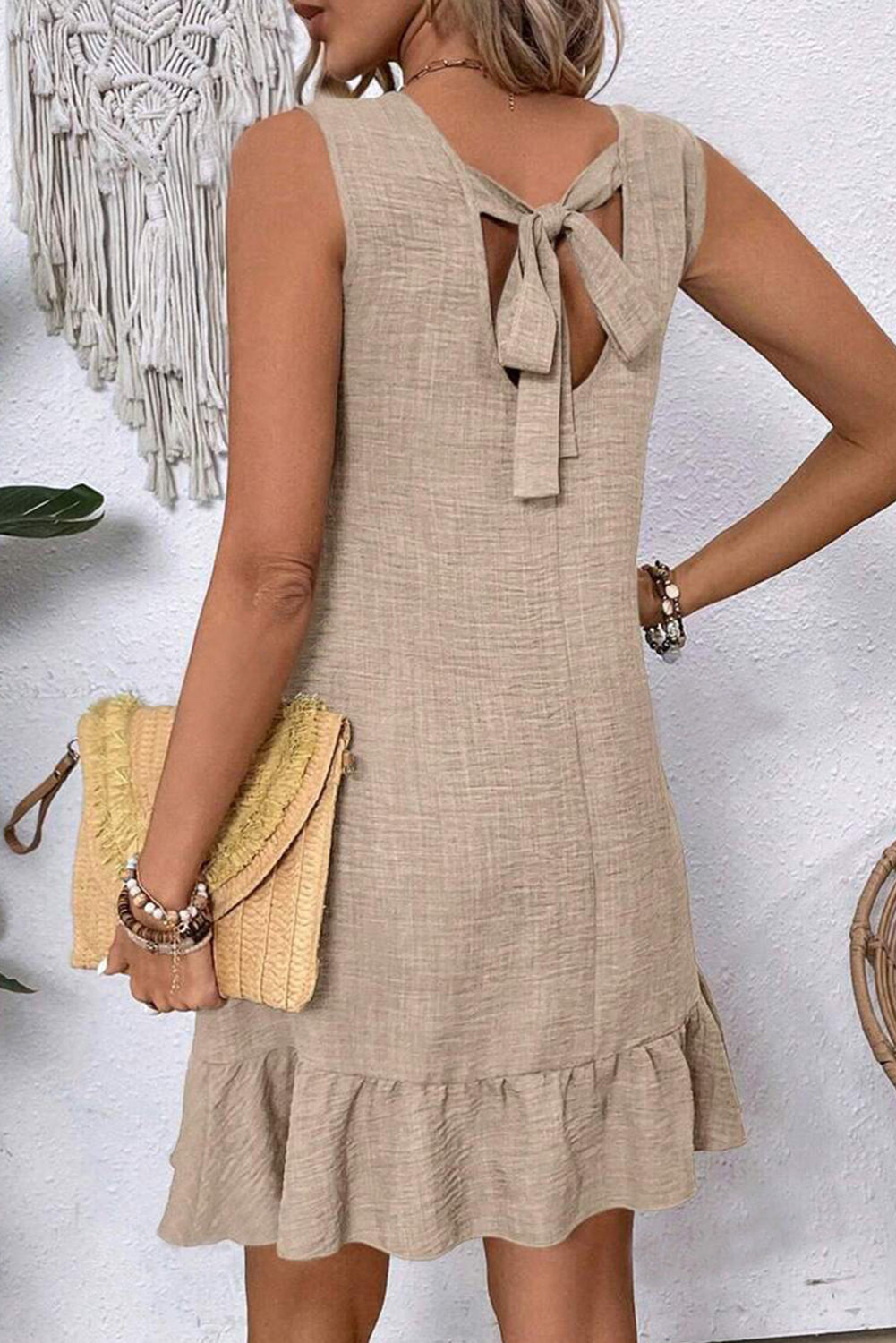 Beige Tie Back Ruffle Hem Sleeveless Dress