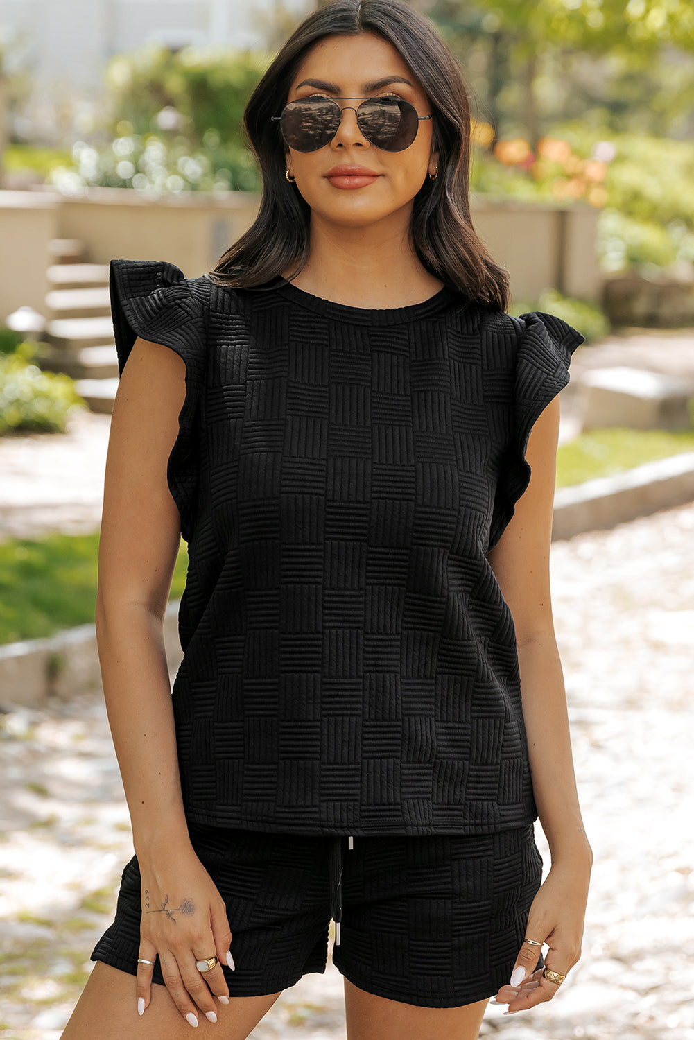 Black Textured Ruffled Sleeve Tee and Shorts Set