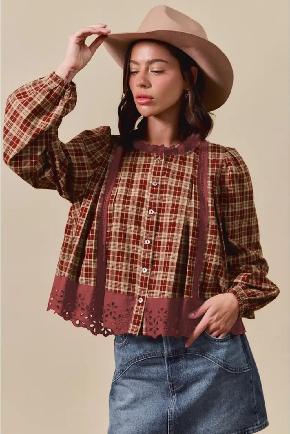 Vintage Red Plaid Lace Hem Button Down Shirt