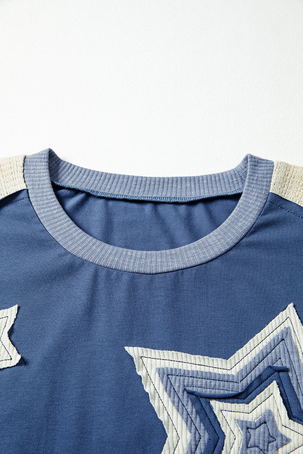 Blue Knit Colorblock Patchwork Stars and Stripes Long Sleeve Top