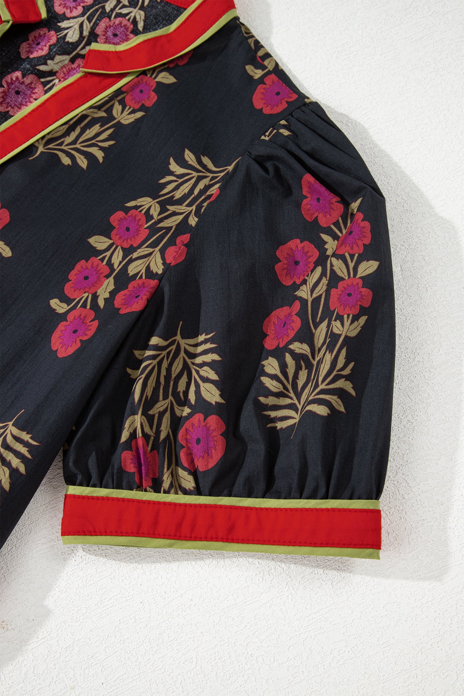 Black Retro Floral Belted Short Puff Sleeve Mini Dress Bazaare Mart Dresses/Floral Dresses