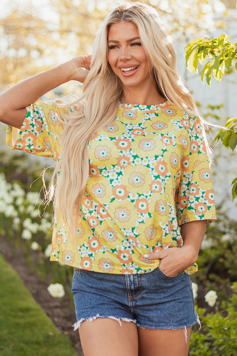 Yellow Summer Flower Printed Drop Shoulder Loose T Shirt Dear-Lover Dropshipping Tops/Tops & Tees