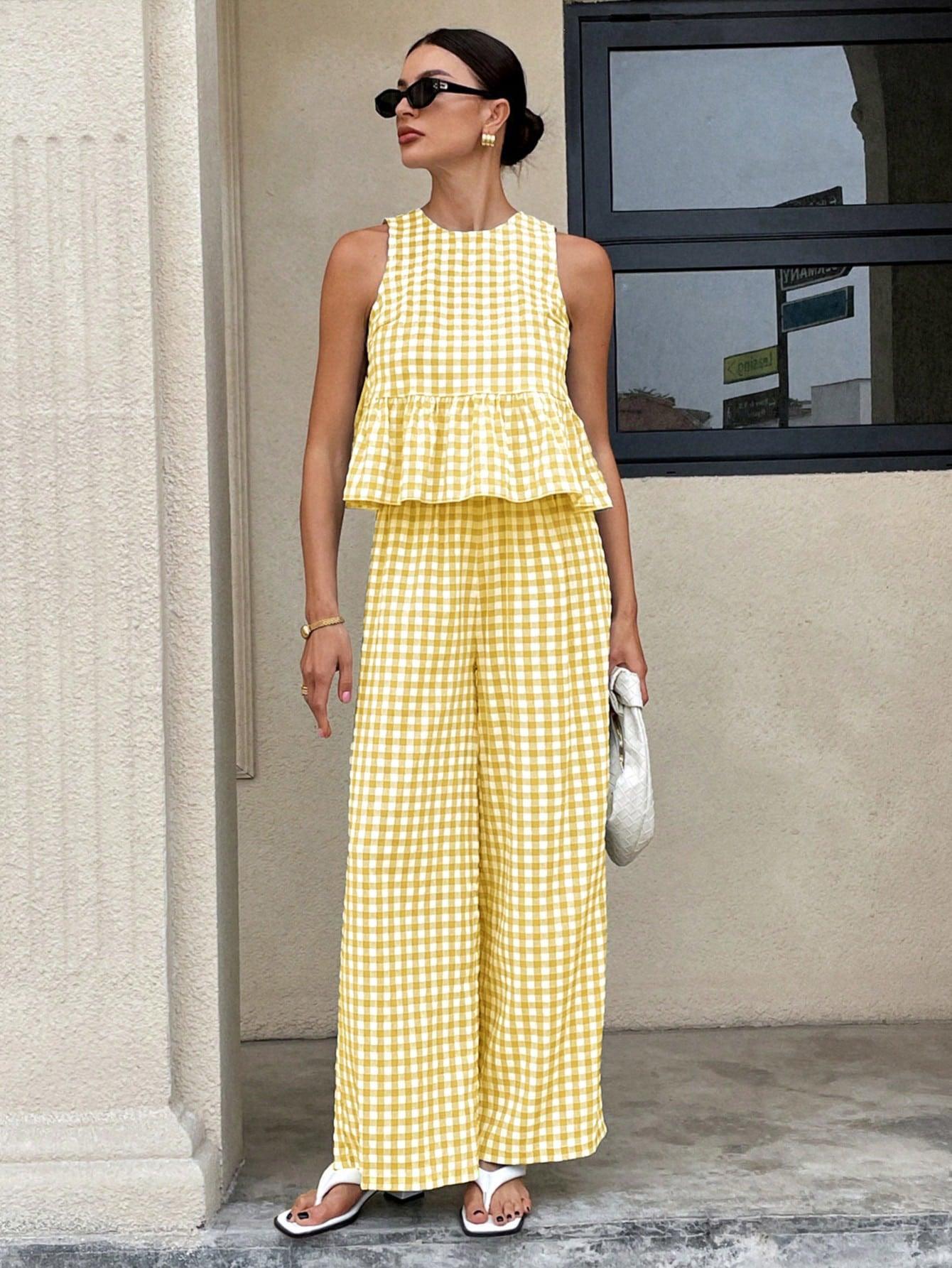 Retro Plaid Sleeveless Top With Ruffled Hem And Straight-leg Pants Yellow CJ Dropshipping Retro Plaid Sleeveless Pants Set