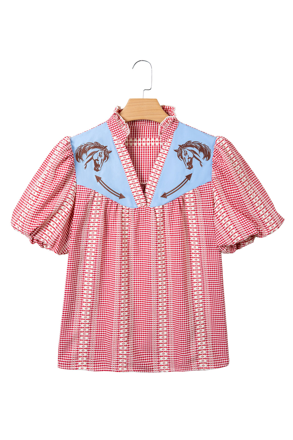 Western Horse Embroidered Gingham Blouse – Puff Sleeve Rustic Summer Top Dear-Lover Dropshipping Tops/Blouses & Shirts