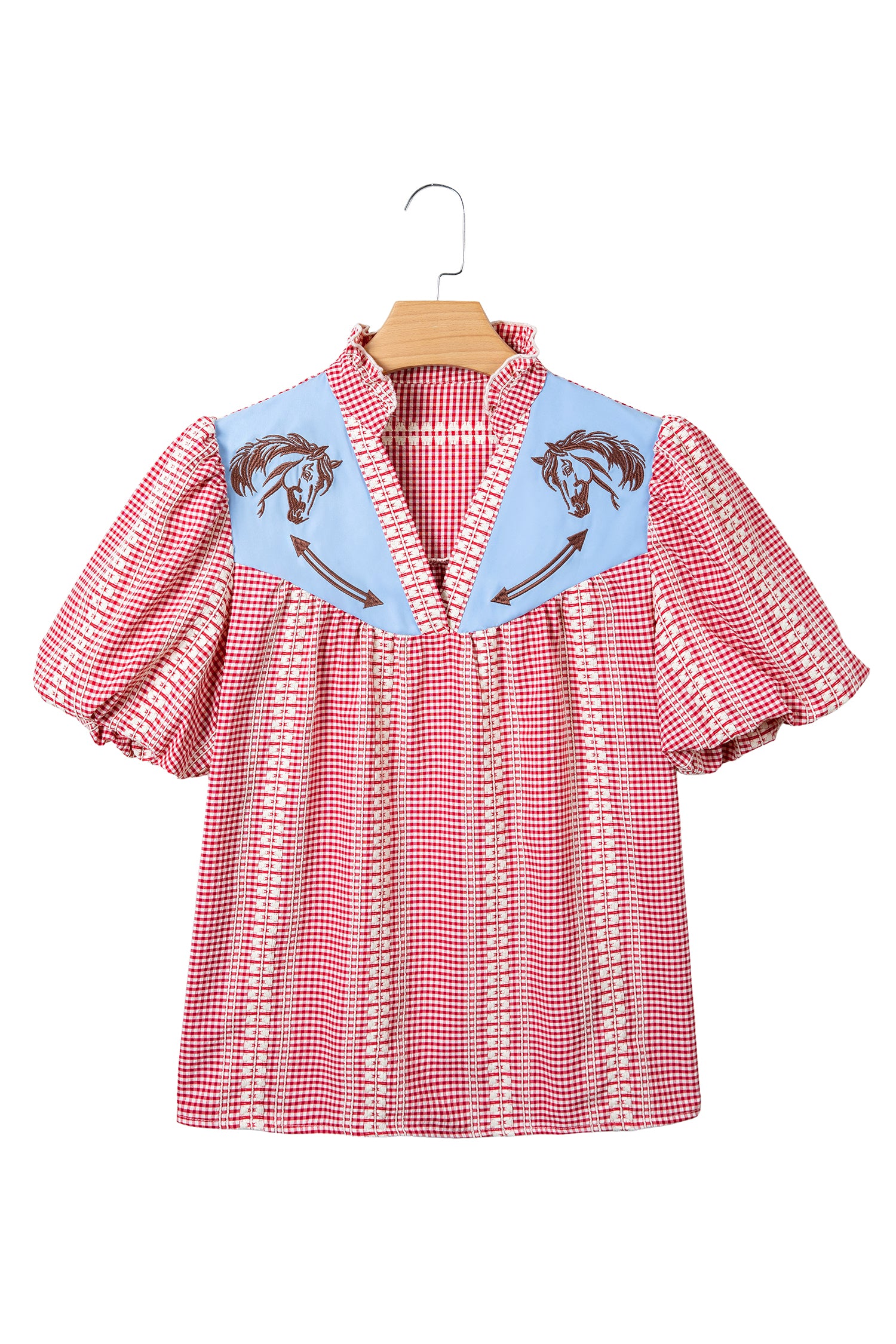 Western Horse Embroidered Gingham Blouse – Puff Sleeve Rustic Summer Top Dear-Lover Dropshipping Tops/Blouses & Shirts