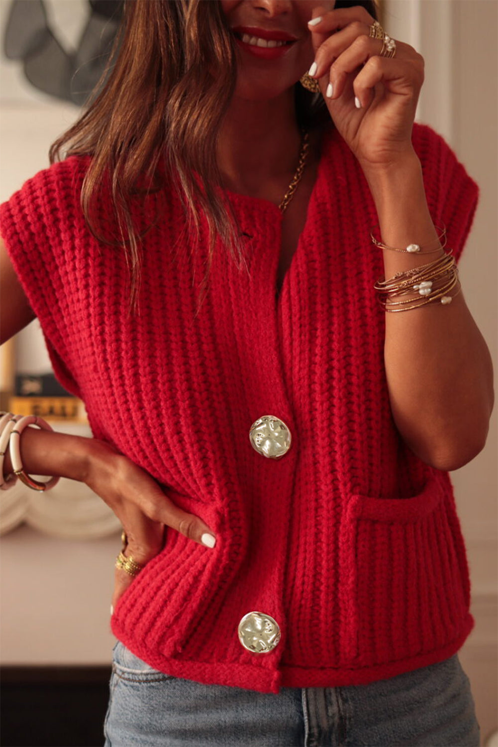 Textured Knit Side Pockets Button Up Sweater Vest Bazaare Mart Sweaters & Cardigans/Sweater Vests