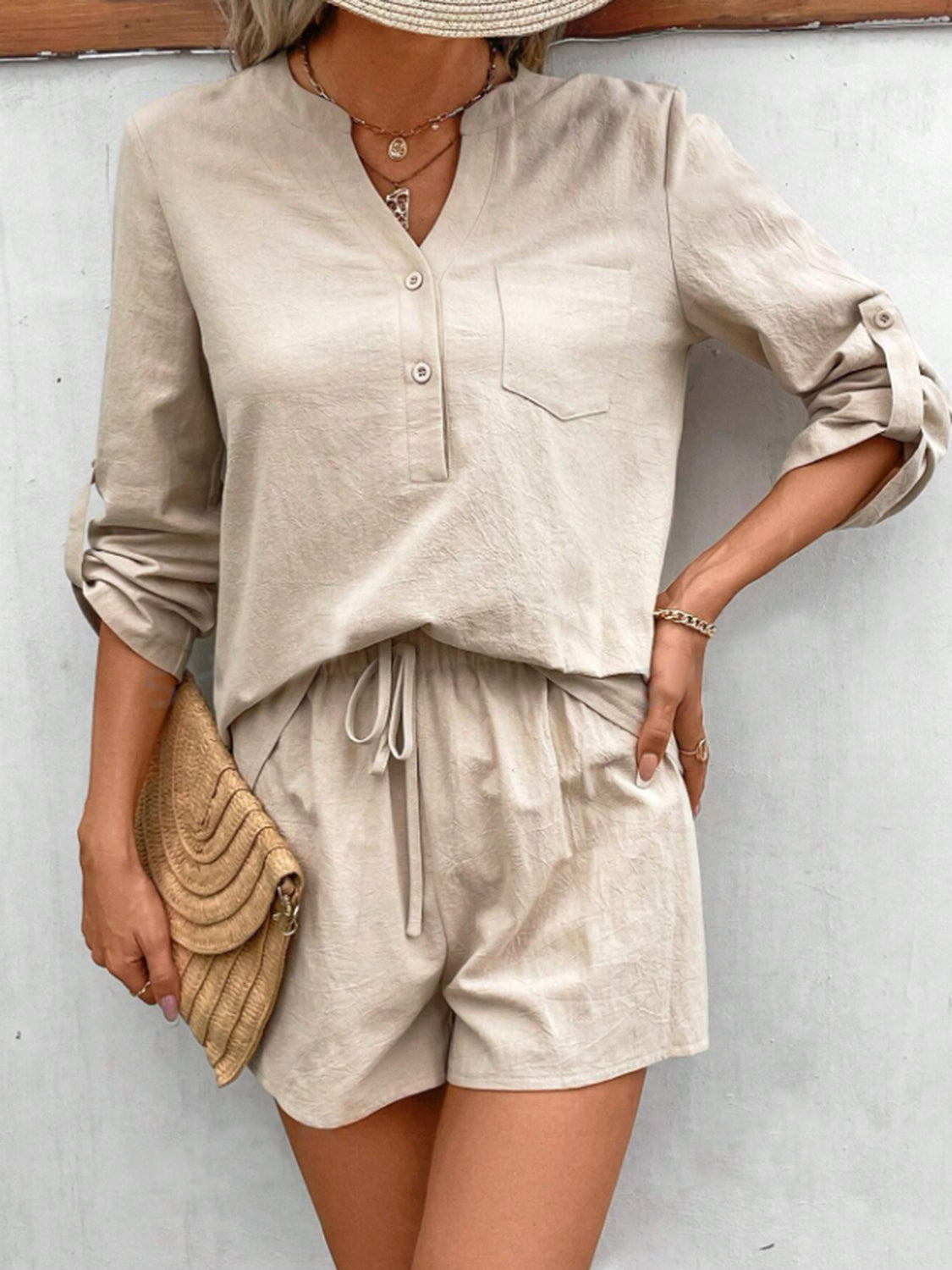 Rolled Long Sleeve Top and Drawstring Shorts Set