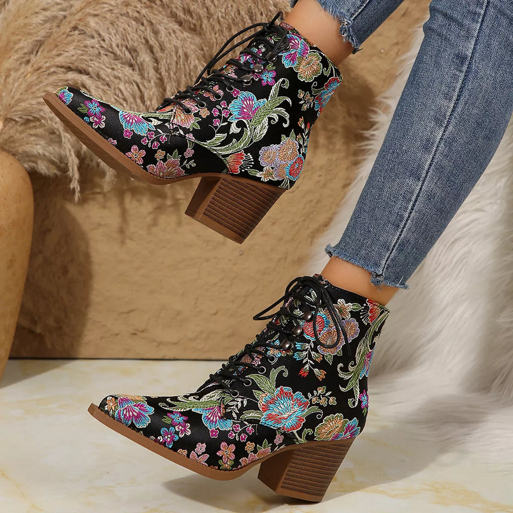 Floral Pointed Toe Block Heel Booties Bazaare Mart Booties