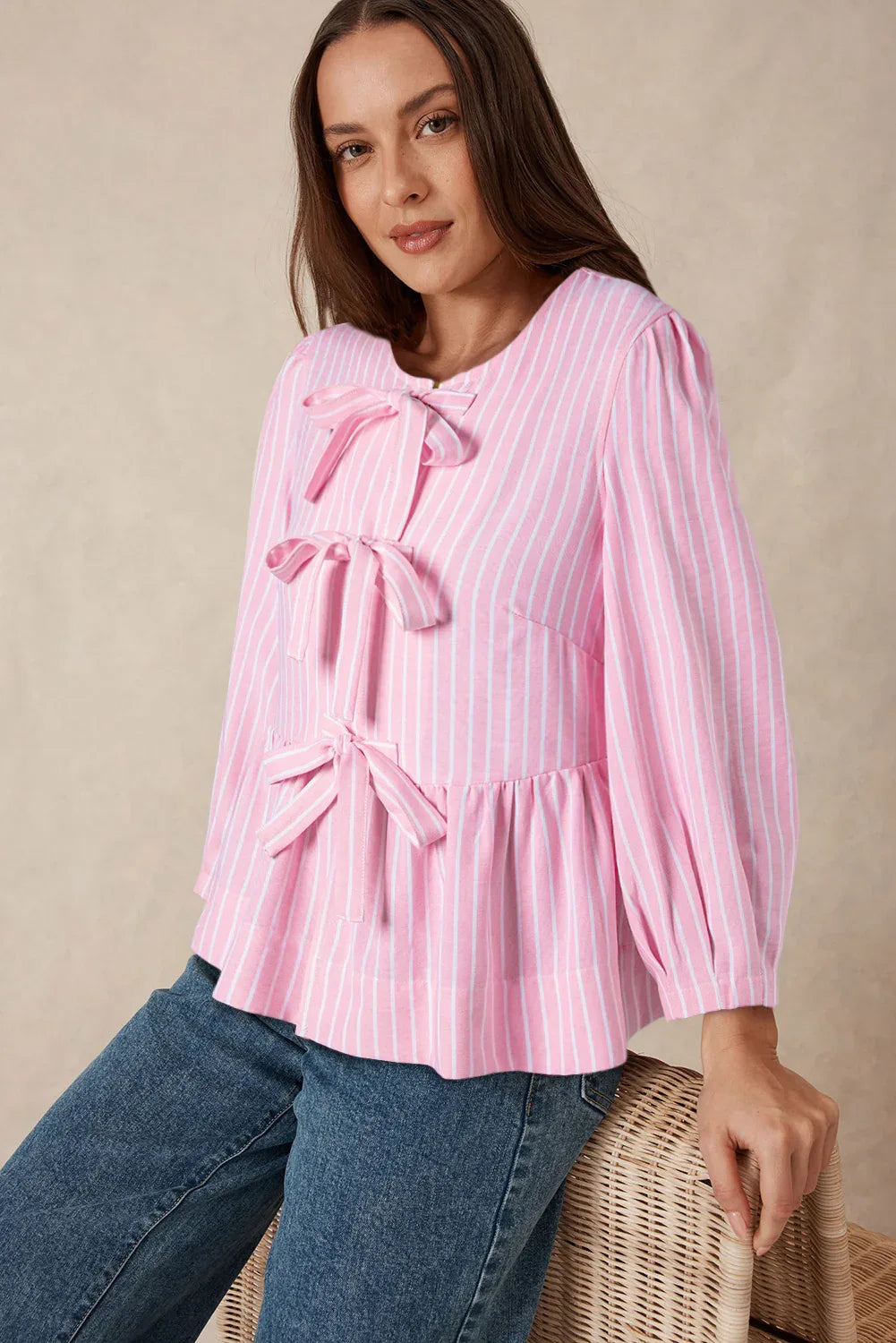 Pink Stripe Bowknot Front Crew Neck Puff Sleeve Blouse Bazarre Mart Tops/Blouses & Shirts