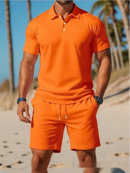 Orange Polo Shirt And Matching Drawstring Shorts Set
