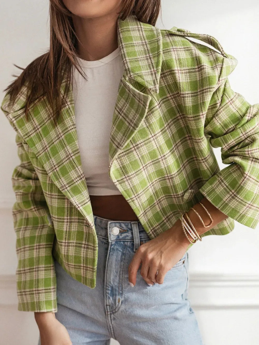 Lapel Collar Plaid Cropped Jacket Lime Bazaare Mart Lapel Collar Plaid Cropped Jacket
