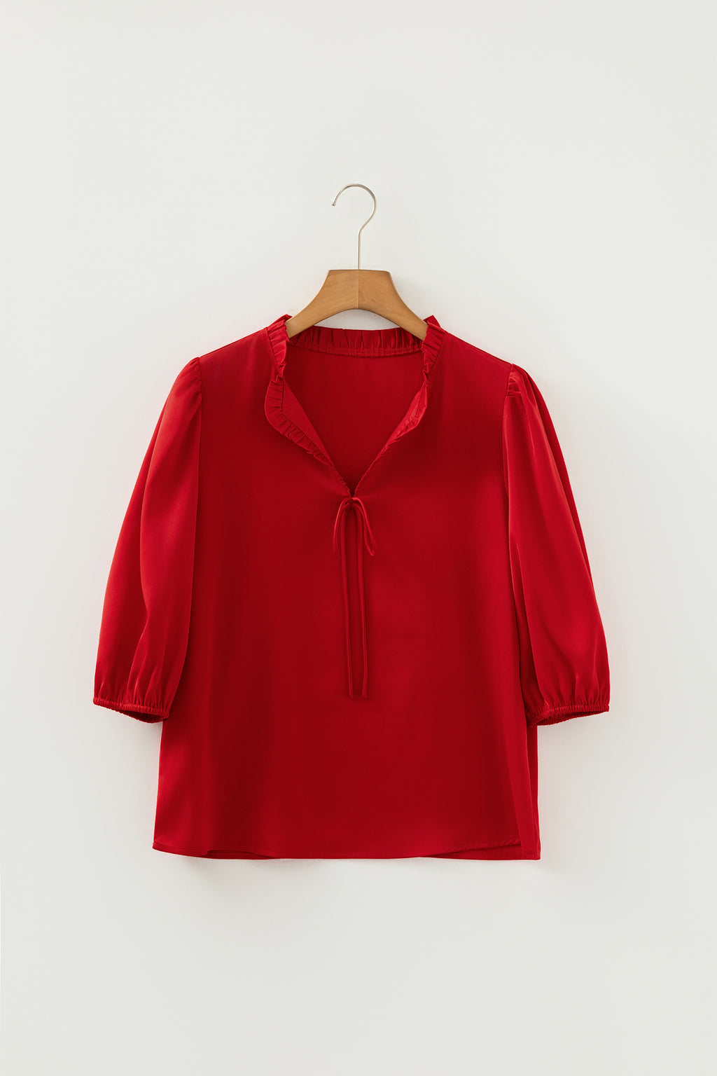Solid Color Frilled V Neck Bow Detail 3/4 Sleeve Blouse Bazaare Mart Tops/Blouses & Shirts