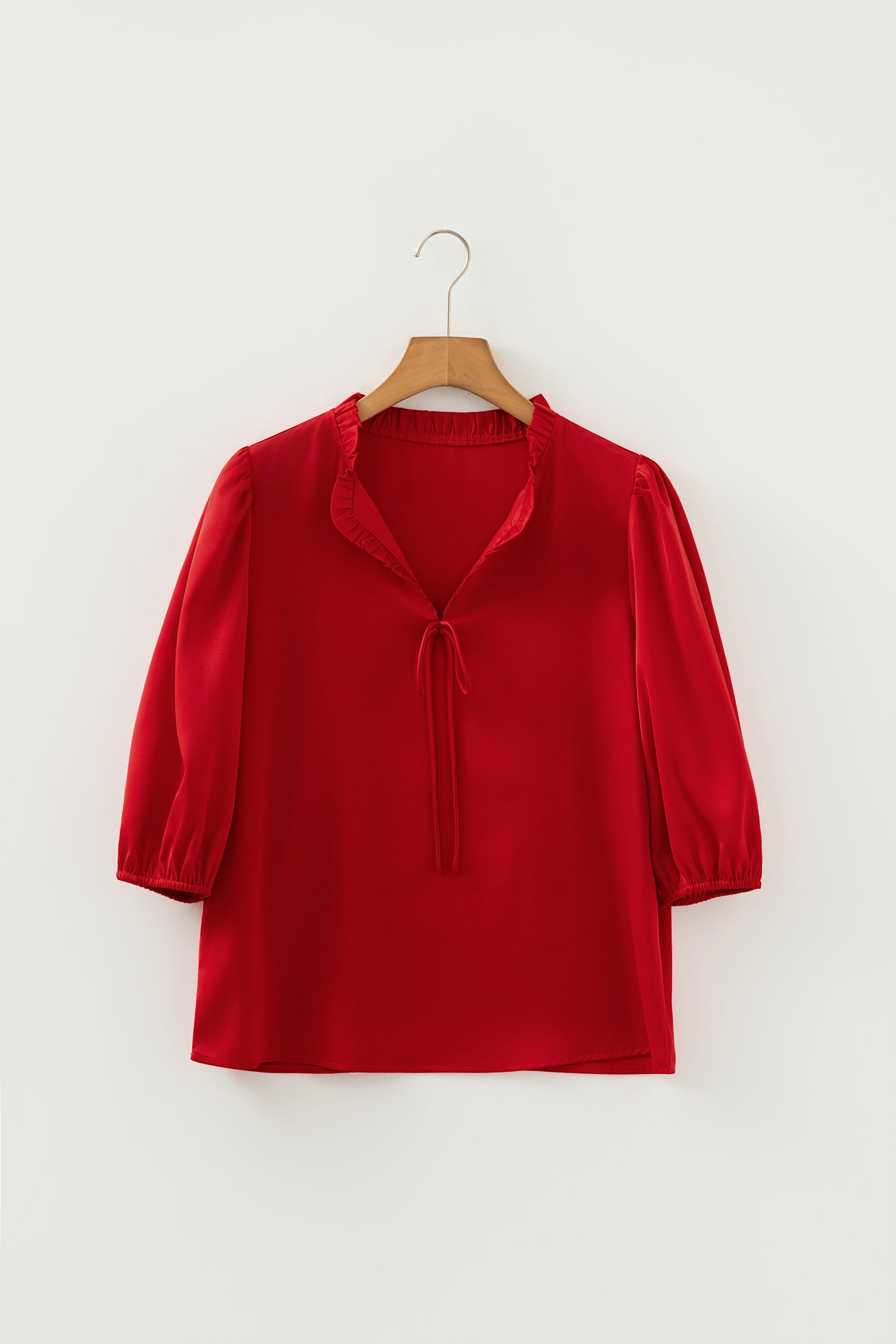 Solid Color Frilled V Neck Bow Detail 3/4 Sleeve Blouse Bazaare Mart Tops/Blouses & Shirts