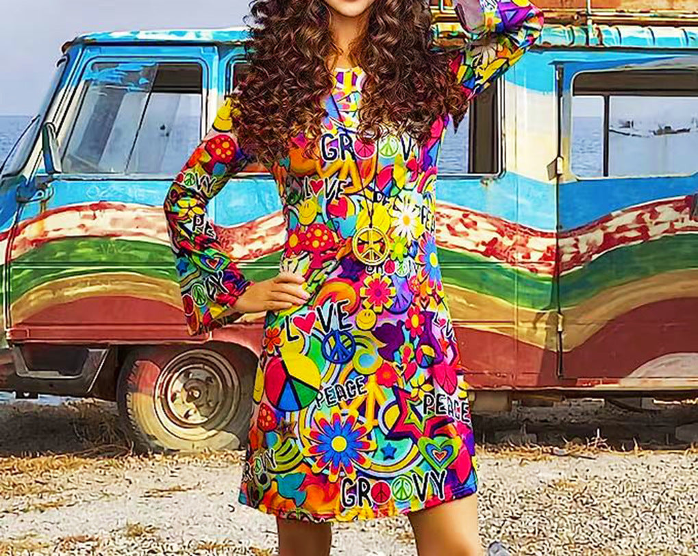 Retro Hippie Bell Sleeve Mini Dress – Boho Geometric Print High Waist Dress Vintage Skirt 3 CJ Dropshipping Retro Hippie Dress